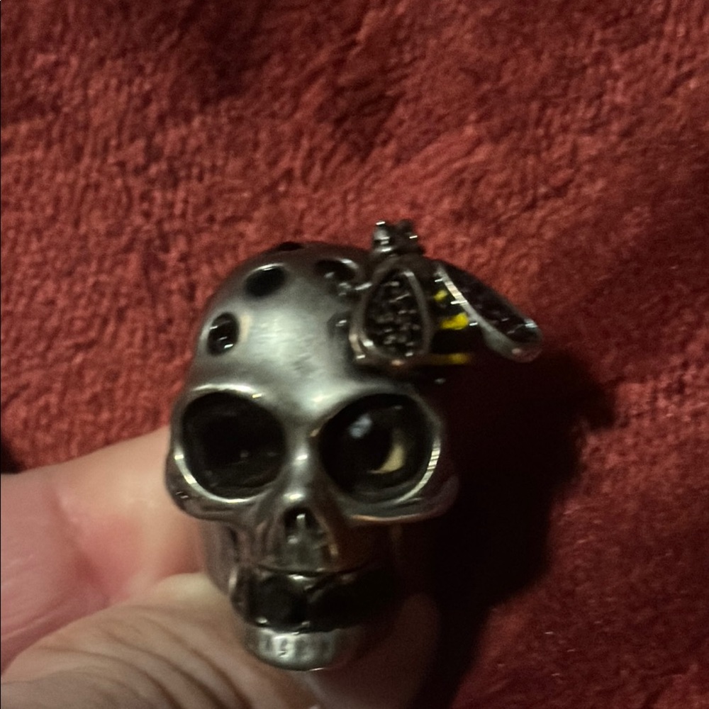 Alexander McQueen Silver Skull Ring with Bee Accent